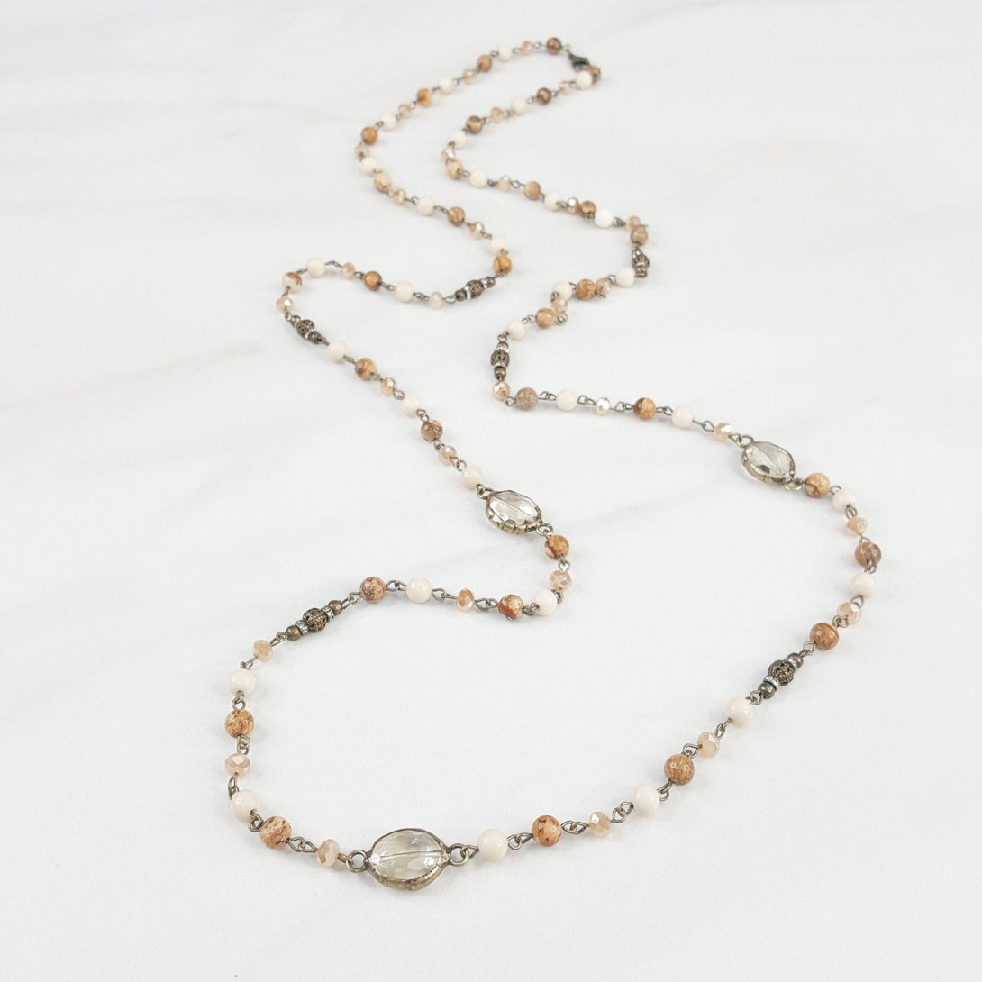Long Beaded Necklace for Women with Crystal Accents and Faceted Glass Beads
