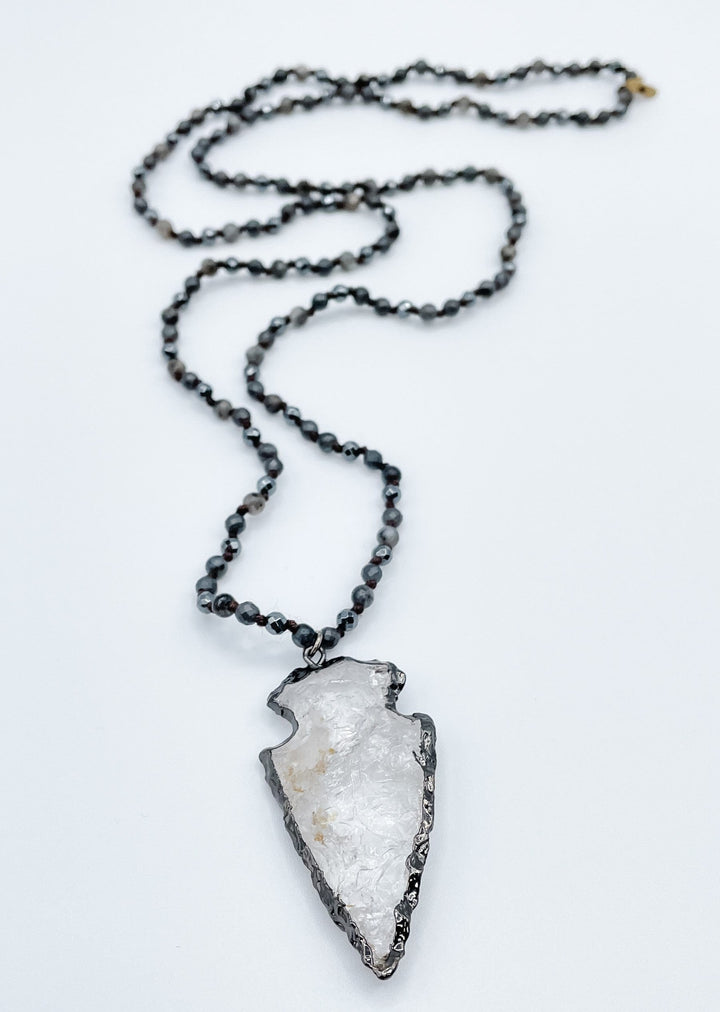 Long Beaded Necklace with Clear Arrowhead Pendant