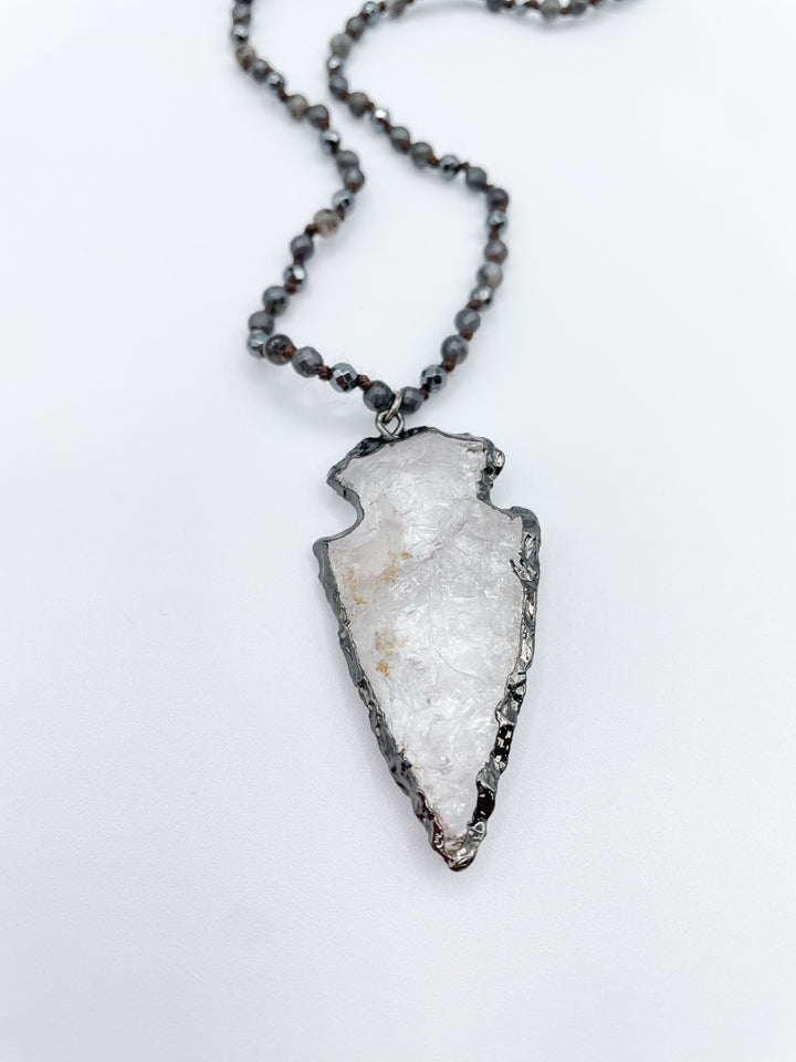 Long Beaded Necklace with Clear Arrowhead Pendant