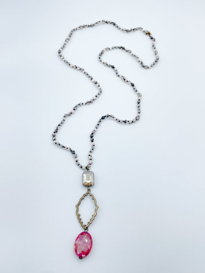 Long Beaded Necklace with Connector, Crystal, and Stone Pendant