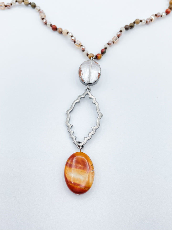 Long Beaded Necklace with Connector, Crystal, and Stone Pendant