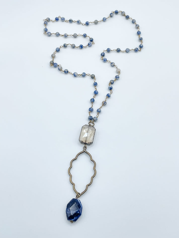 Long Beaded Necklace with Large Crystal, Leaf Shaped Connector and Stone Pendant