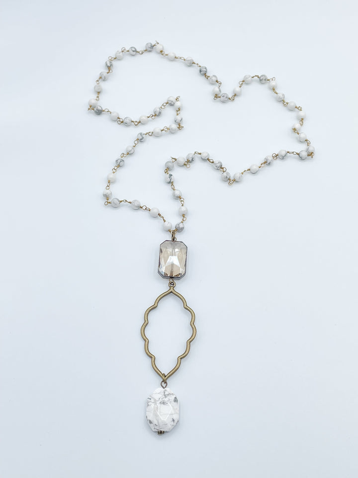 Long Beaded Necklace with Large Crystal, Leaf Shaped Connector and Stone Pendant