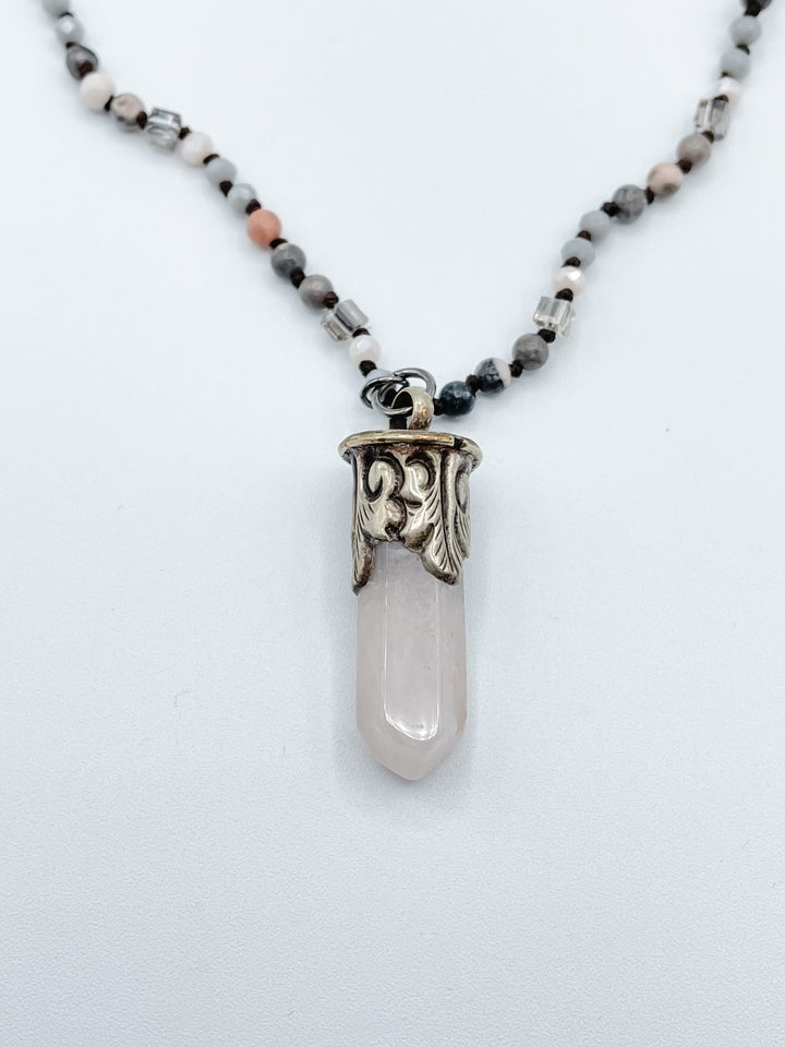 Long Beaded Necklace with Large Crystal Pendant