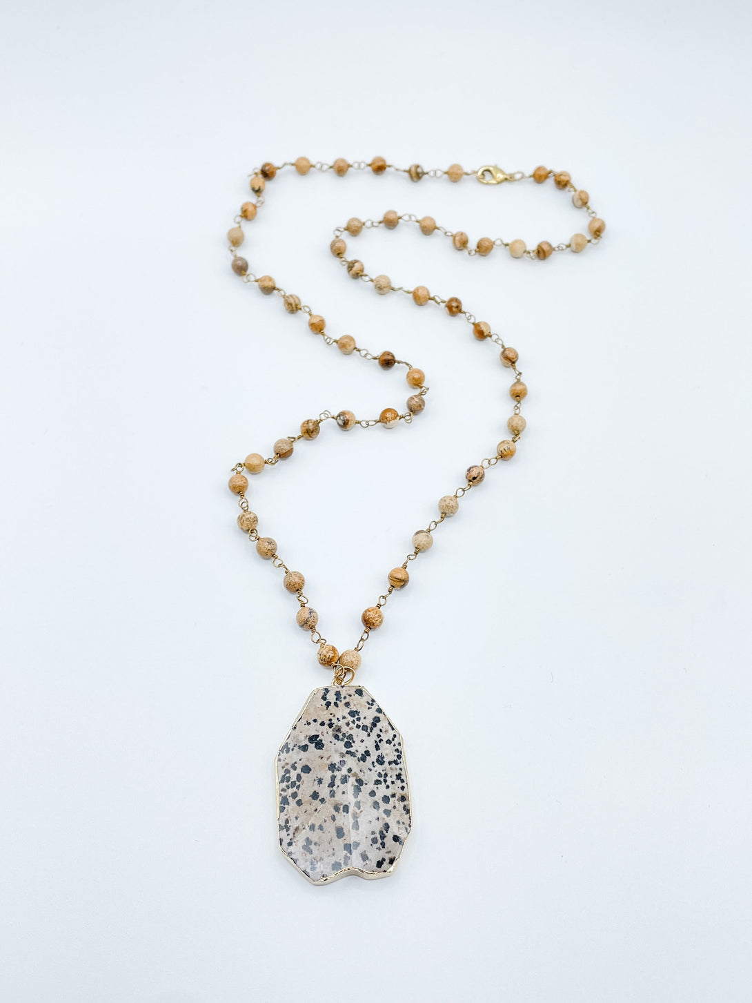Long Beaded Necklace with Large Stone Pendant