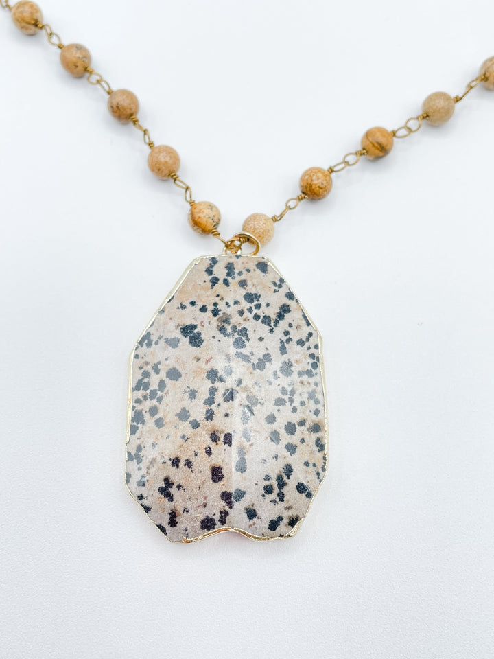 Long Beaded Necklace with Large Stone Pendant