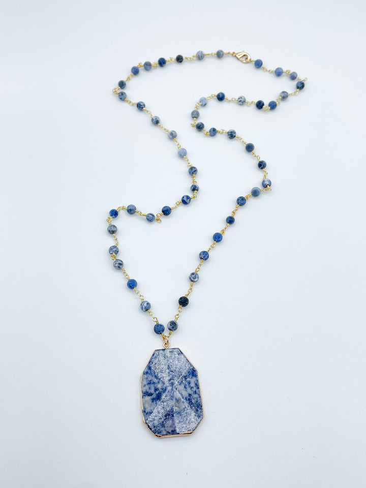 Long Beaded Necklace with Large Stone Pendant