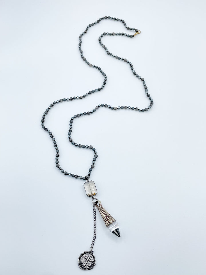 Long Beaded Necklace with Pointed Crystal and Cross Pendants