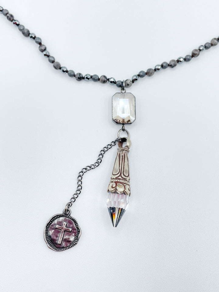 Long Beaded Necklace with Pointed Crystal and Cross Pendants