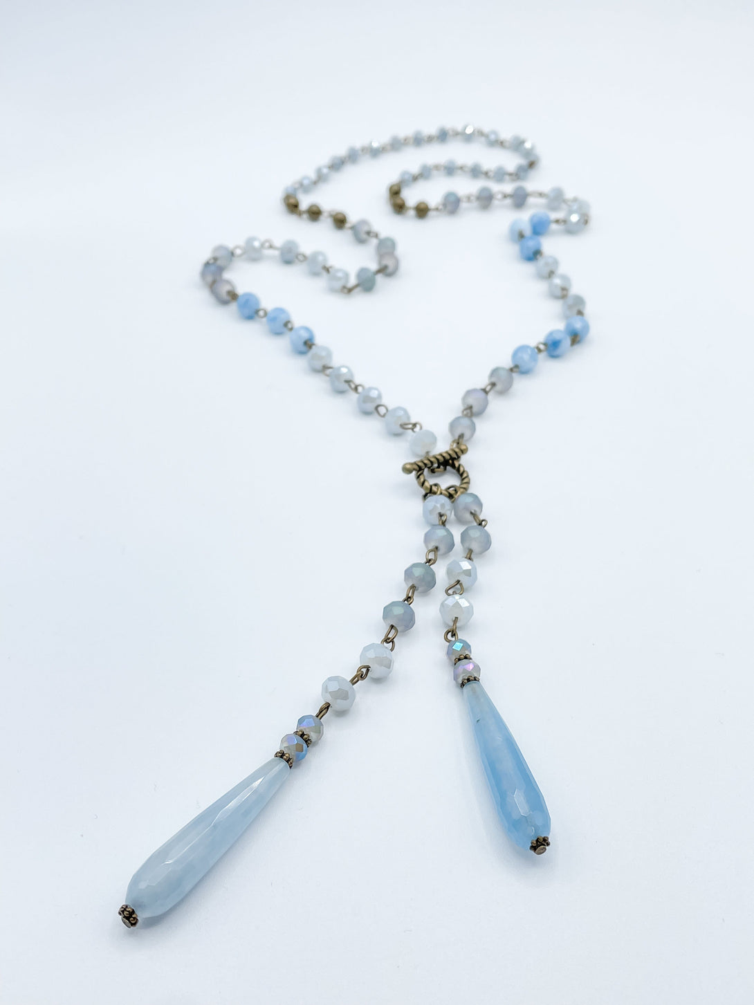 Long Beaded Necklace with Two Crystal Drop Features