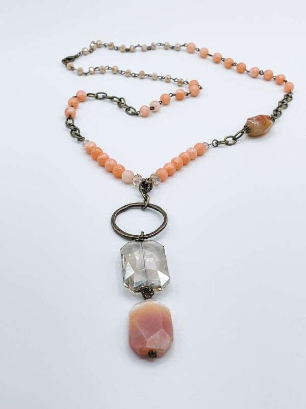 Long Beaded Pendant Necklace with Circle Connector, Large Crystal and Stone