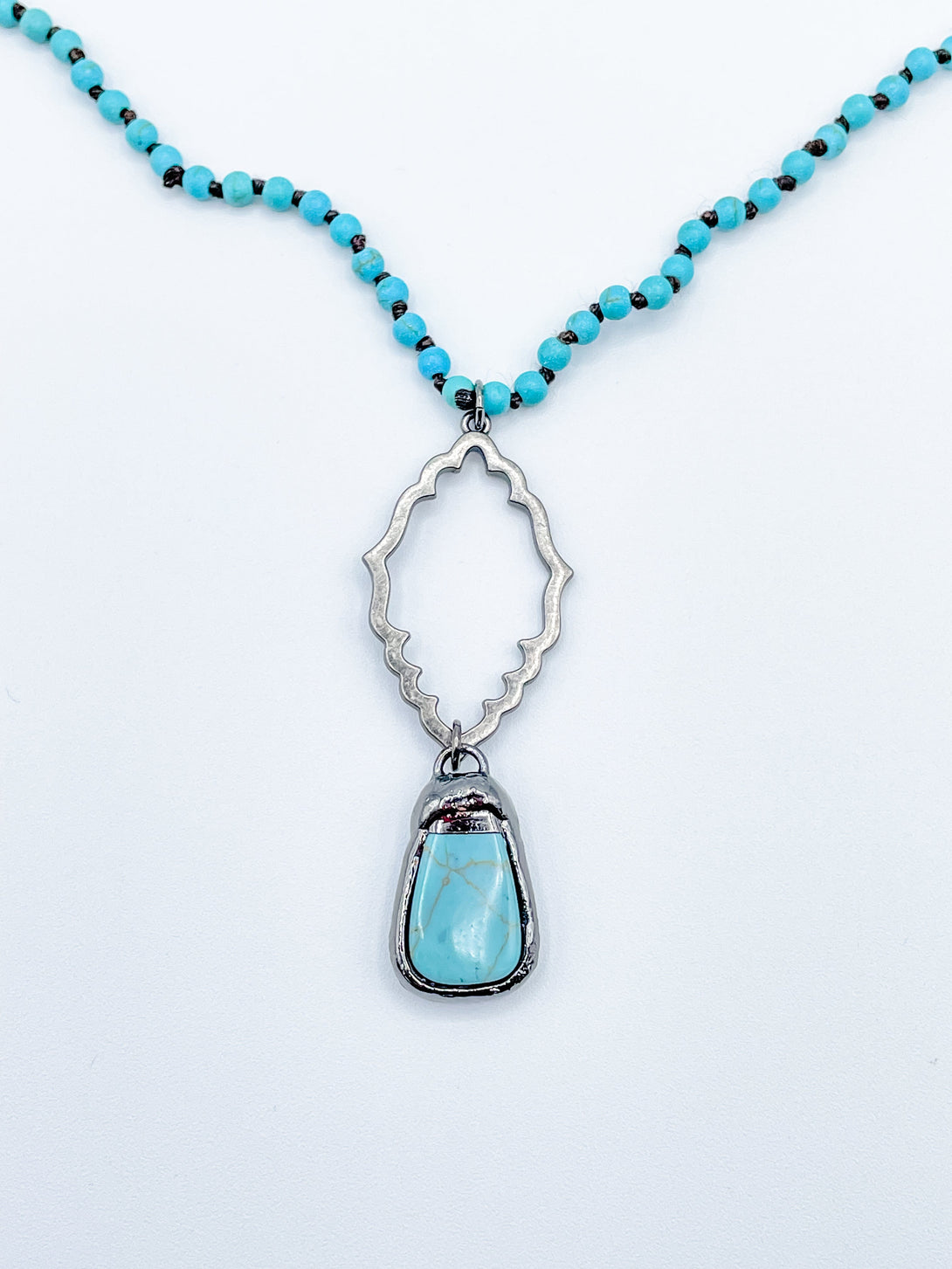 Long Blue Beaded Necklace with Stone Pendant and  Filigree Connector