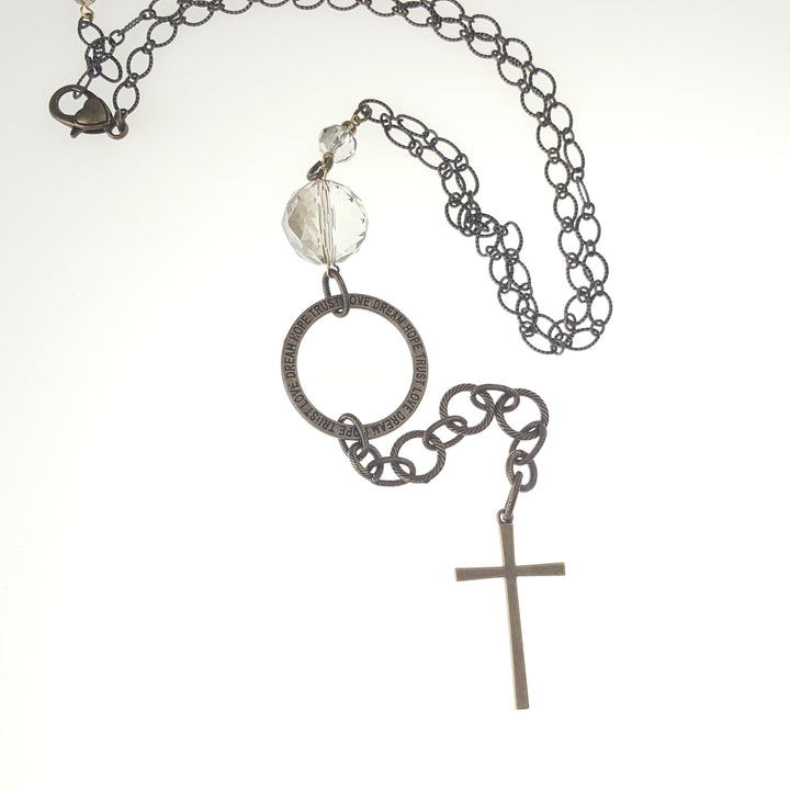 Long Bronzed Necklace with Clear Crystal and Cross Accent
