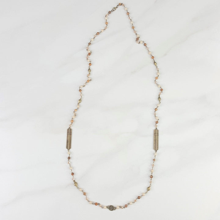 Long Natural Stone Necklace For Women with Cross Accents