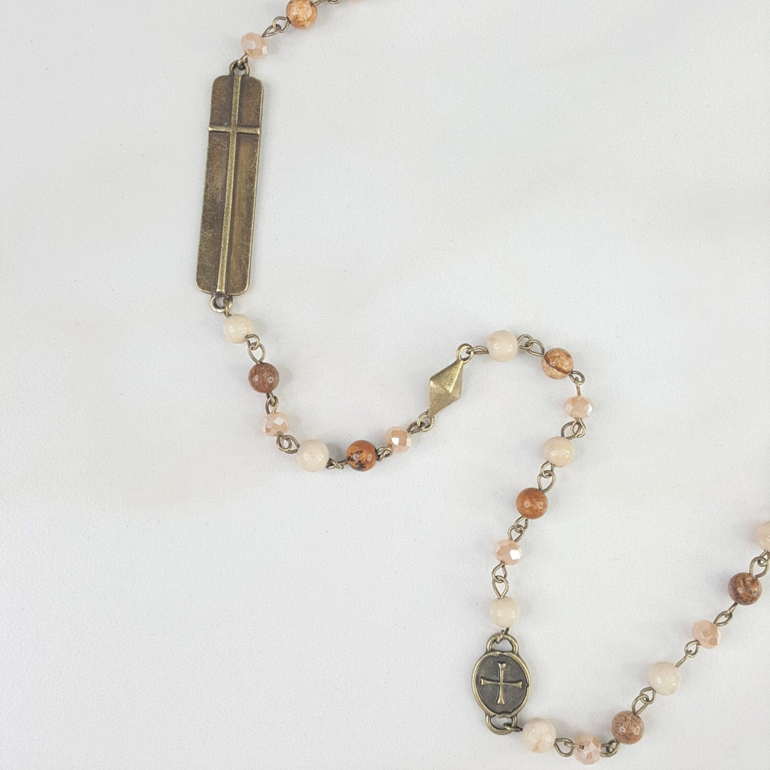 Long Natural Stone Necklace For Women with Cross Accents