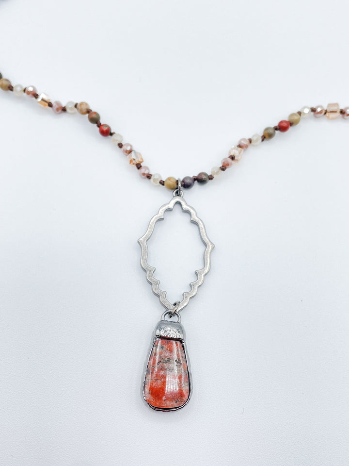 Long Necklace with Simple Filigree Connector and Stone Pendant