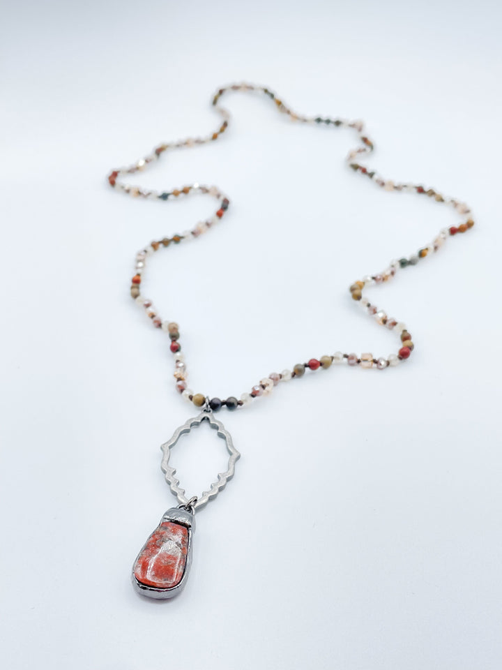 Long Necklace with Simple Filigree Connector and Stone Pendant