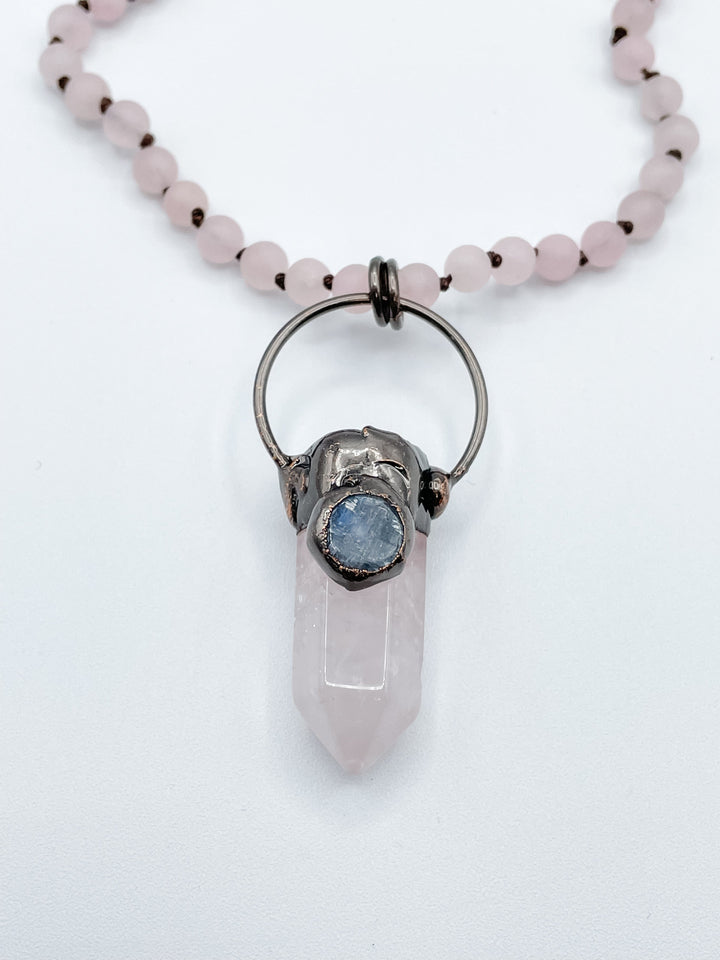 Long Pink Beaded Necklace with Bullet Crystal Pendant