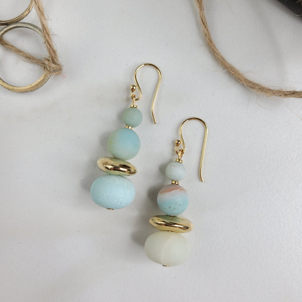 Handmade Earrings with Natural Amazonite Beads and Vintage Beads for Pierced Ears