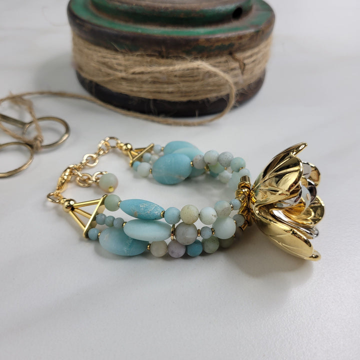 Lotus Handmade Bracelet with Vintage Italian Flower and Amazonite Beads