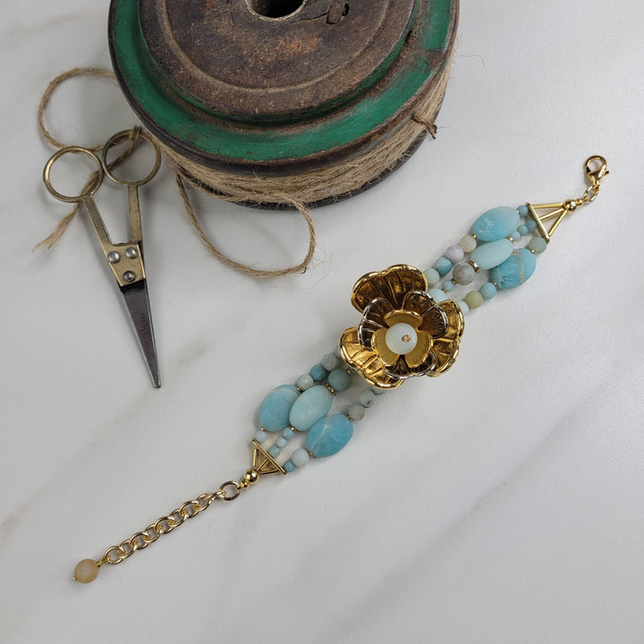 Lotus Handmade Bracelet with Vintage Italian Flower and Amazonite Beads