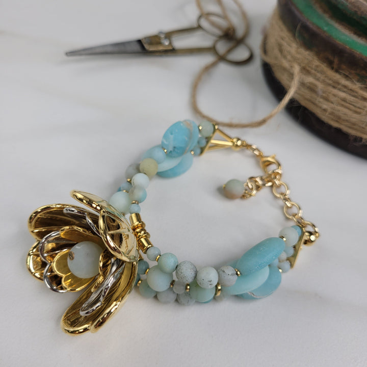 Handmade Bracelet with Amazonite Beads and Vintage Flower