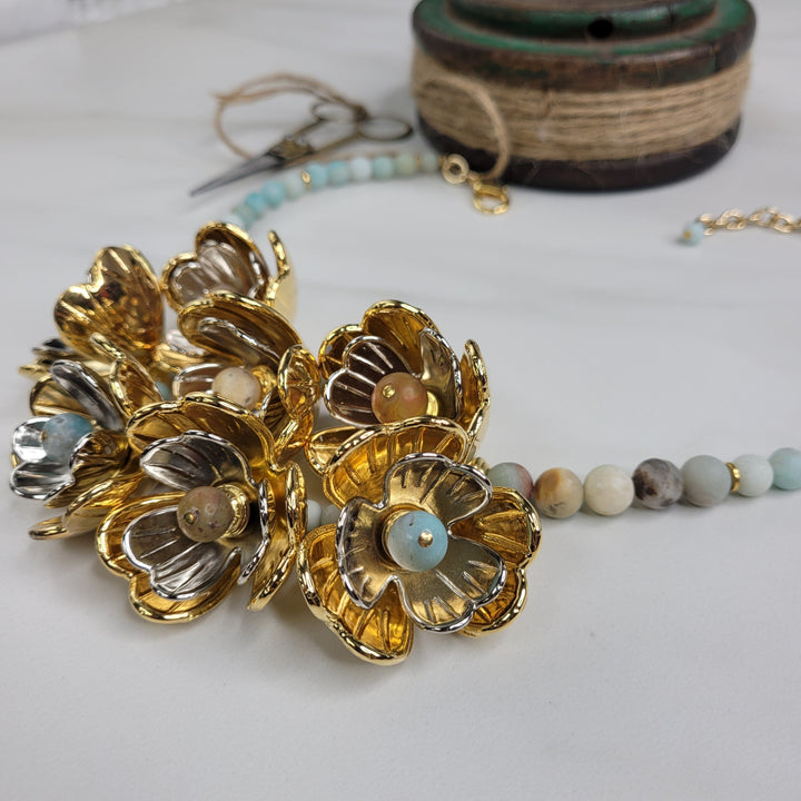 Lotus Handmade Necklace with Vintage Italian Flowers and Amazonite Beads