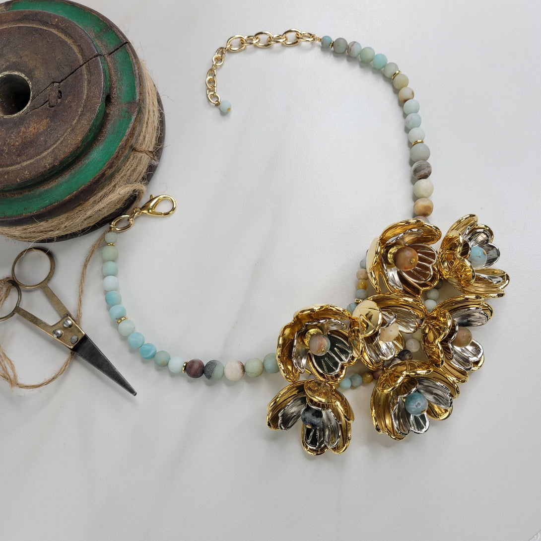 Lotus Handmade Necklace with Vintage Italian Flowers and Amazonite Beads