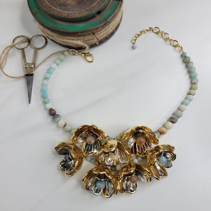 Handmade Necklace with Amazonite Beads and Vintage Flowers