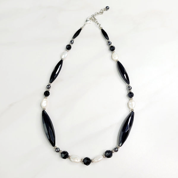 Lysandra Necklace with Vintage Black Beads and Freshwater Pearls