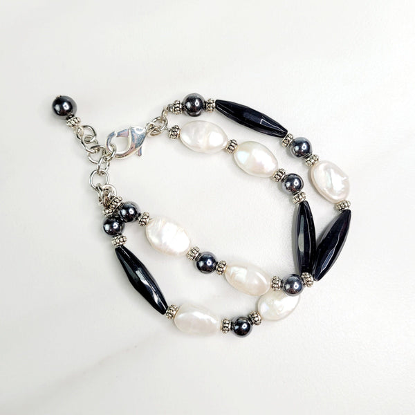 Lysandra Two Strand Bracelet with Vintage Black Beads and Freshwater Pearls