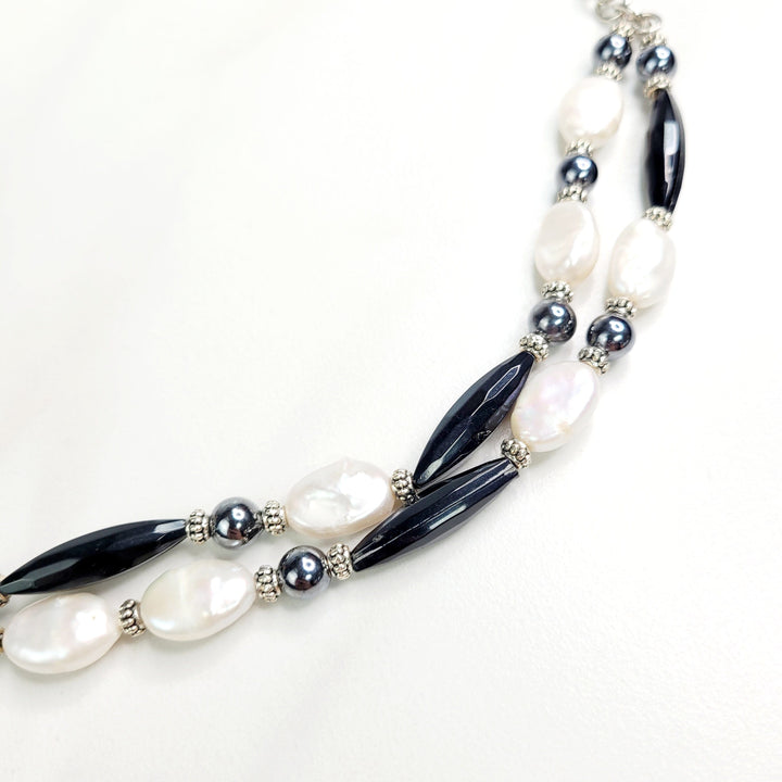 Lysandra Two Strand Bracelet with Vintage Black Beads and Freshwater Pearls