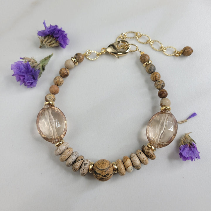Handmade Bracelet with Picture Jasper Stones and Vintage Elements. Boho Chunky Beachy Bracelet