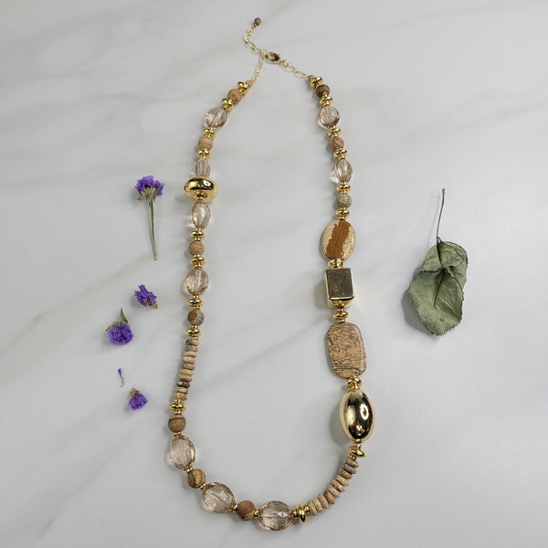 Handmade Necklace with Picture Jasper Stones, Vintage Beads, and Etched Gold Plated Chain. Boho Chunky Beachy Necklace