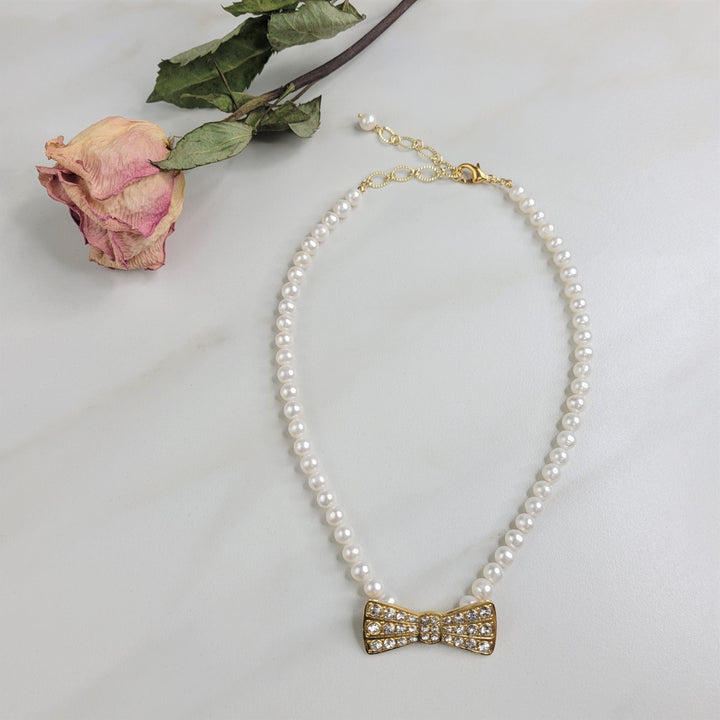 Margo Vintage Bowtie and Freshwater Pearl Choker Necklace