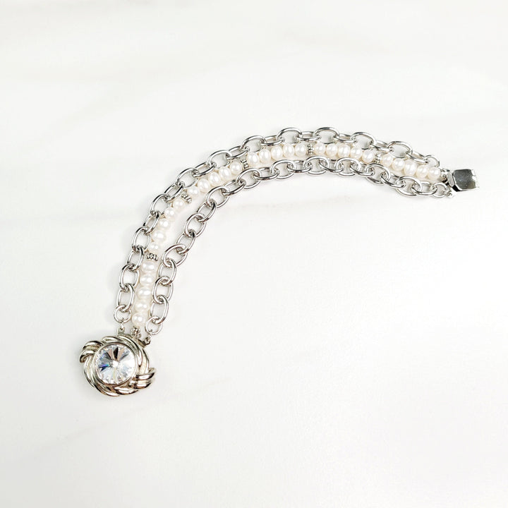 Marvel Silver Chain, Freshwater Pearl, and Crystal Clasp Three Strand Bracelet