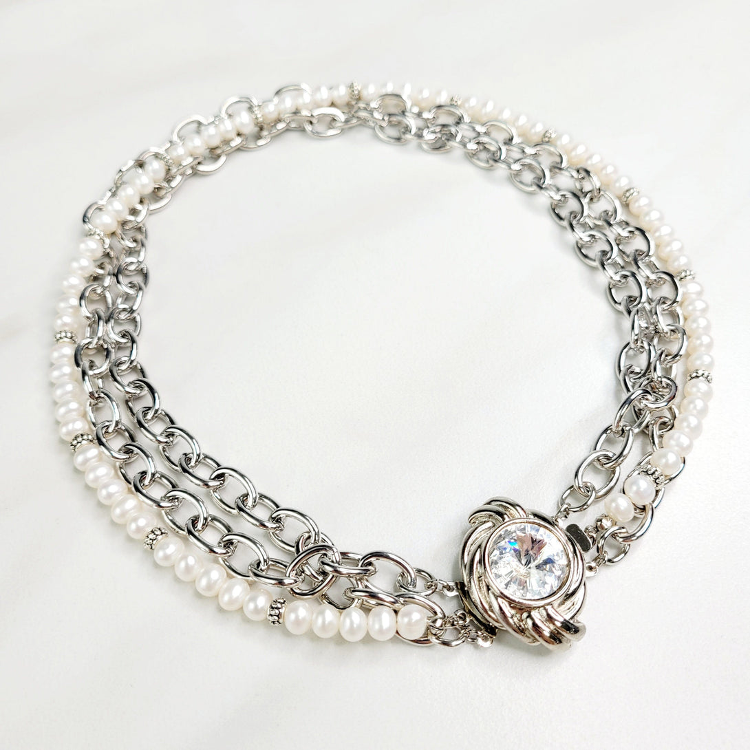 Marvel Silver Chain, Freshwater Pearl, and Crystal Clasp Three Strand Necklace
