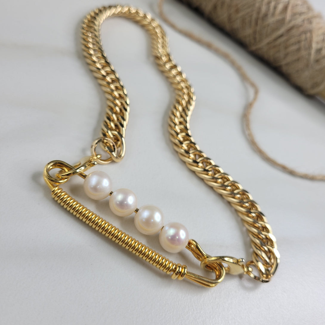 Maverick Necklace Handmade - Gold Plated Curb Chain and Safety Pin with Freshwater Pearls