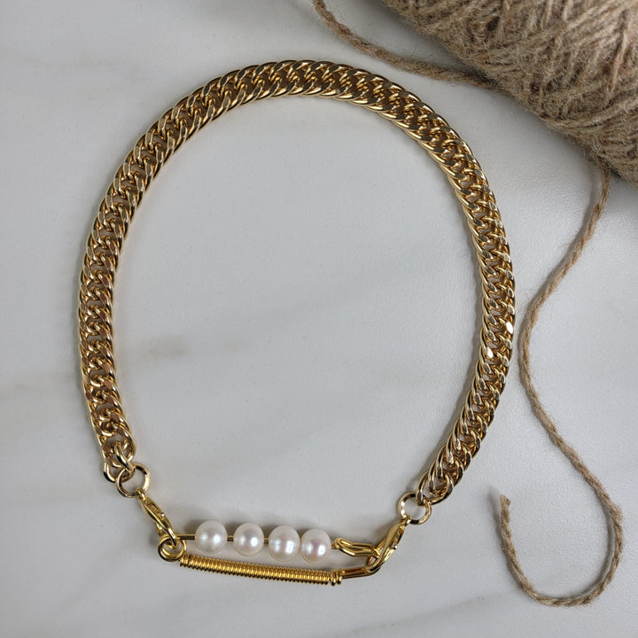 Handmade Curb Chain Necklace Gold Plated Choker with Removable Vintage Pin Holding 4 Freshwater Pearls