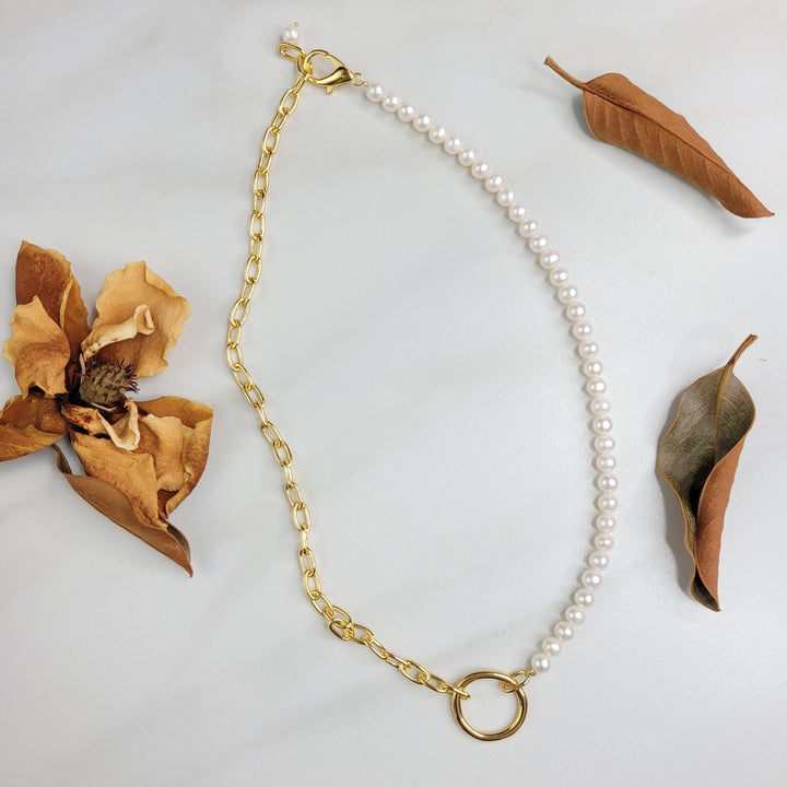 Handmade Necklace with Freshwater Pearls, Gold Plated Chain, and a Ring Centerpiece, a Classic Elegant Necklace