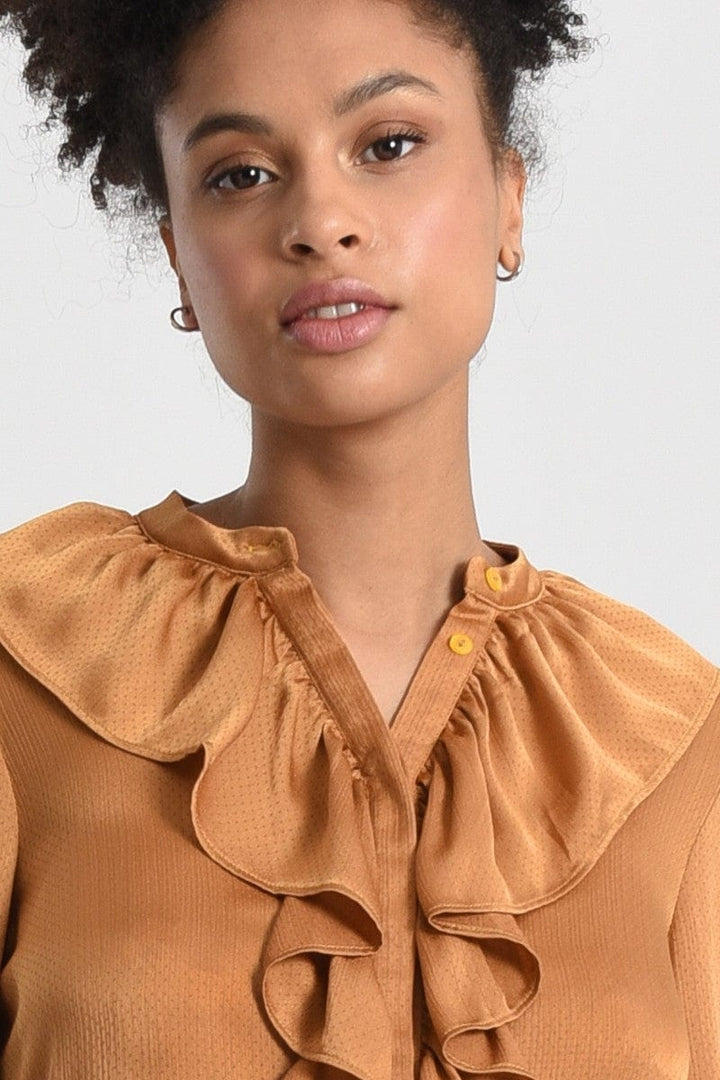 Molly Bracken Romantic Satin Shirt with Jabot Collar and Puffed Sleeves