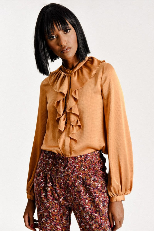 Molly Bracken Romantic Satin Shirt with Jabot Collar and Puffed Sleeves