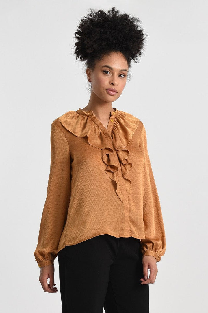 Molly Bracken Romantic Satin Shirt with Jabot Collar and Puffed Sleeves