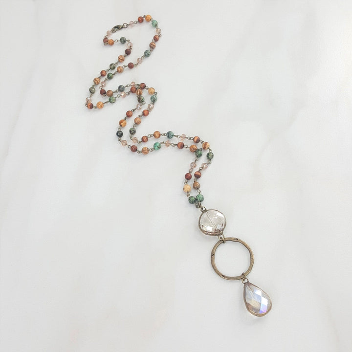 Multi Color Long Women's Necklace with Two Crystal Accent Pendants