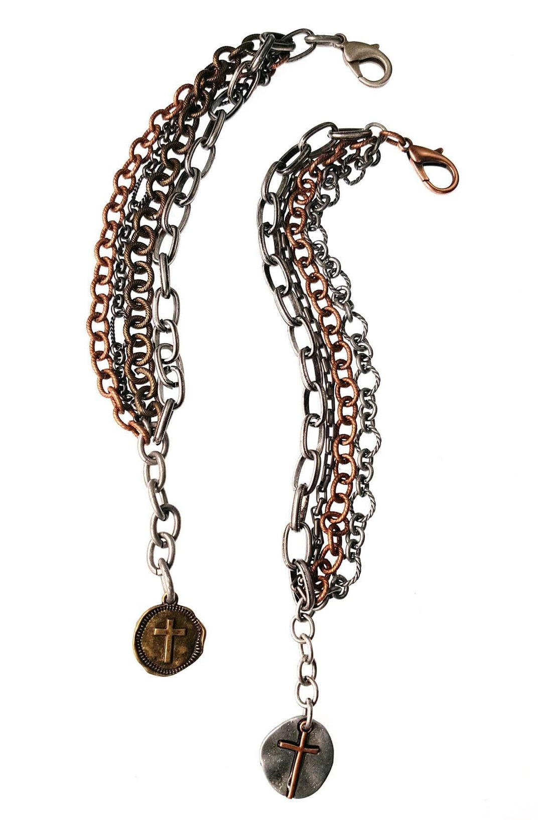 Multi Metal 4 Strand Chain Bracelet with Cross Dangle
