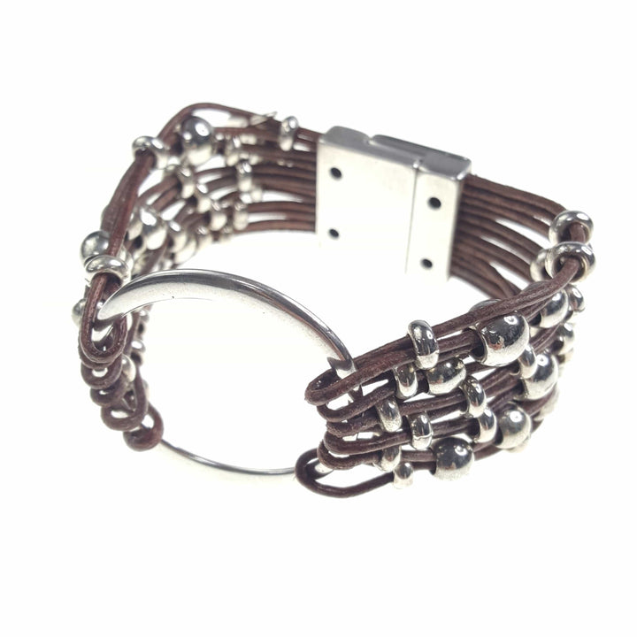 Multi Strand Leather Bracelet with Silver Beads and Center Circle