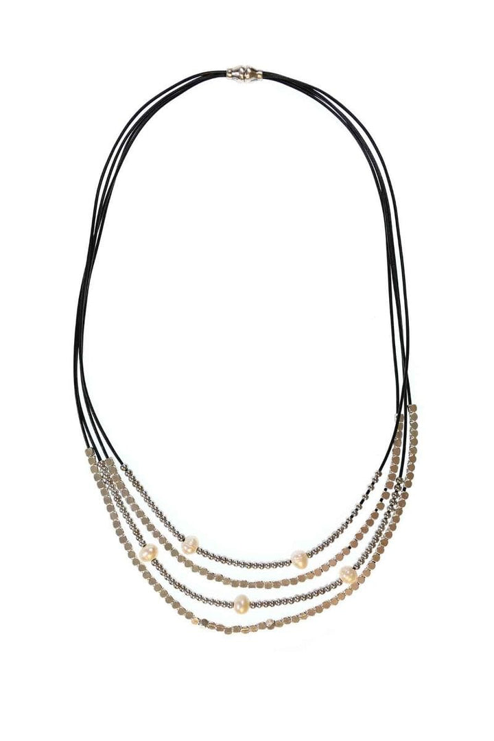 Multi Strand Leather Cord Necklace with Silver Beads and Pearls