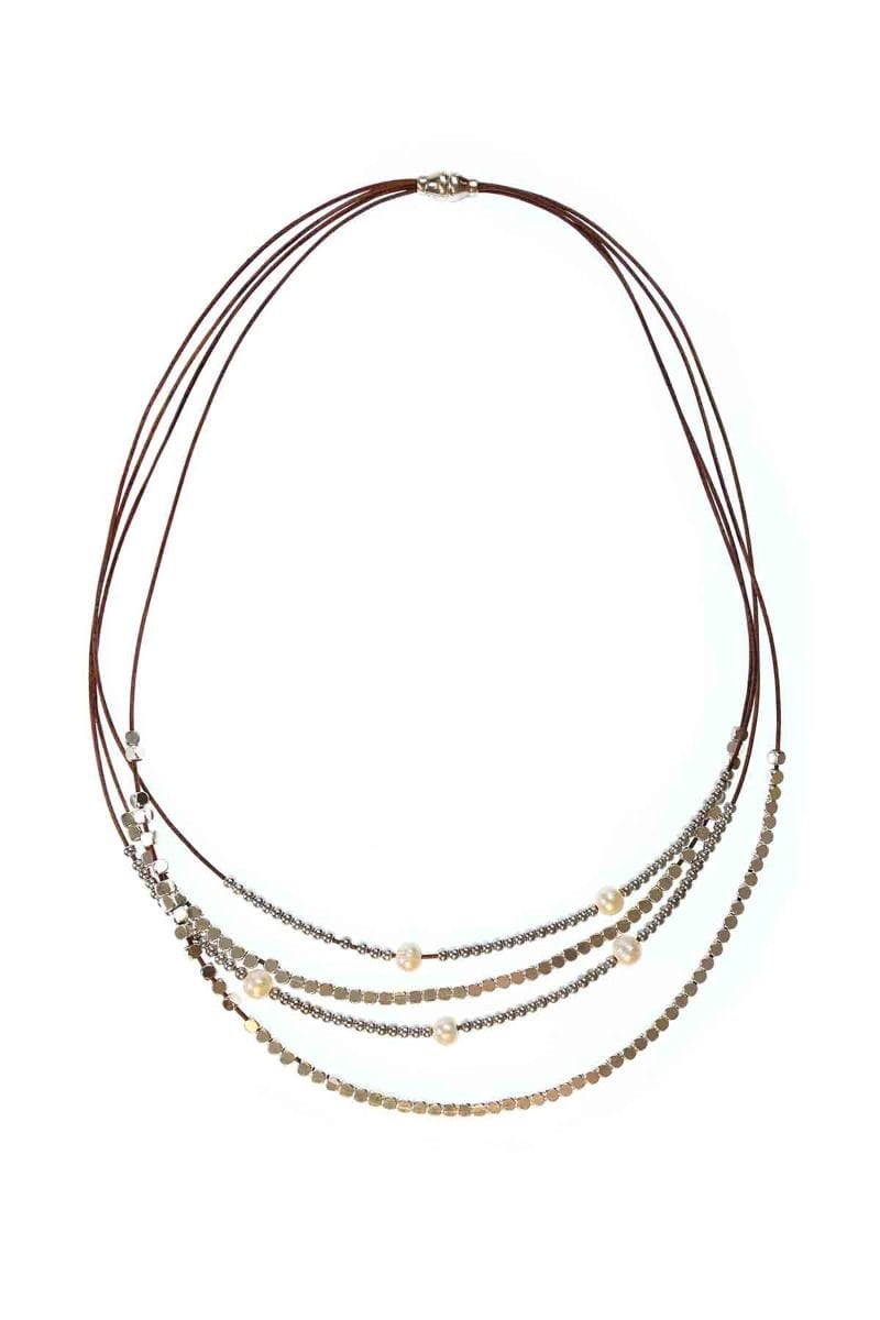 Multi Strand Leather Cord Necklace with Silver Beads and Pearls