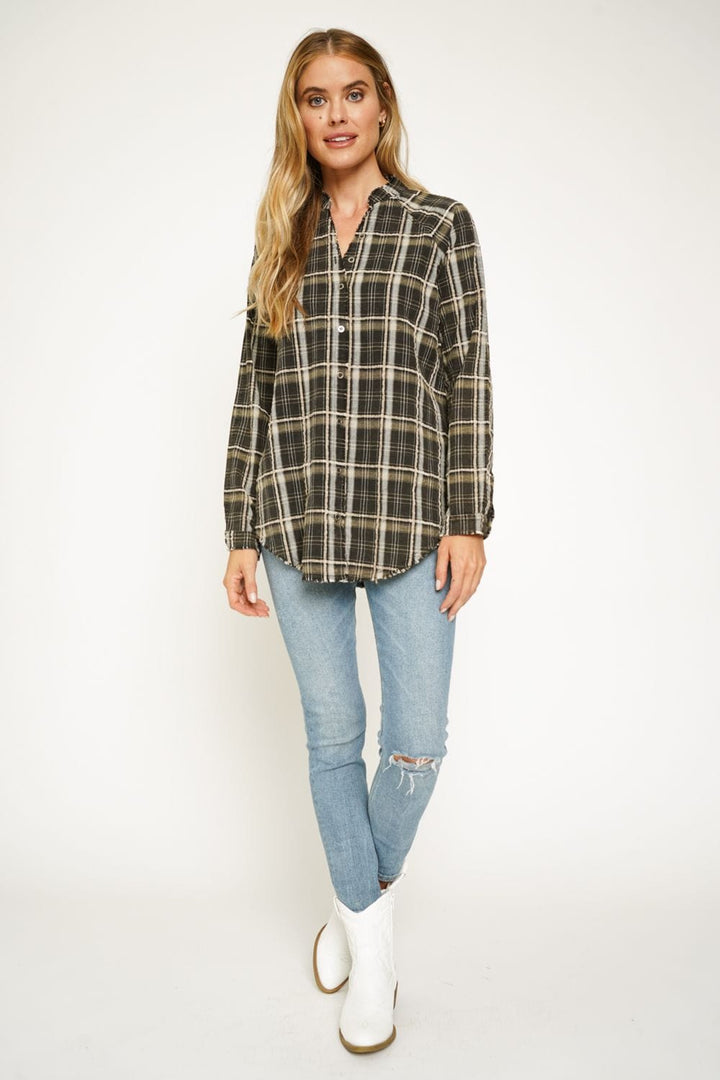 Mystree Cotton Long Sleeve Plaid Print Button Down Shirt