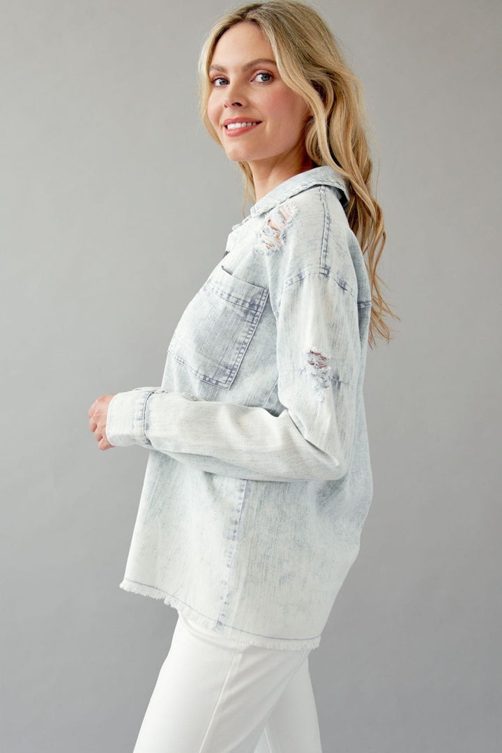 Mystree Distressed Long Sleeve Denim Shirt with Buttons